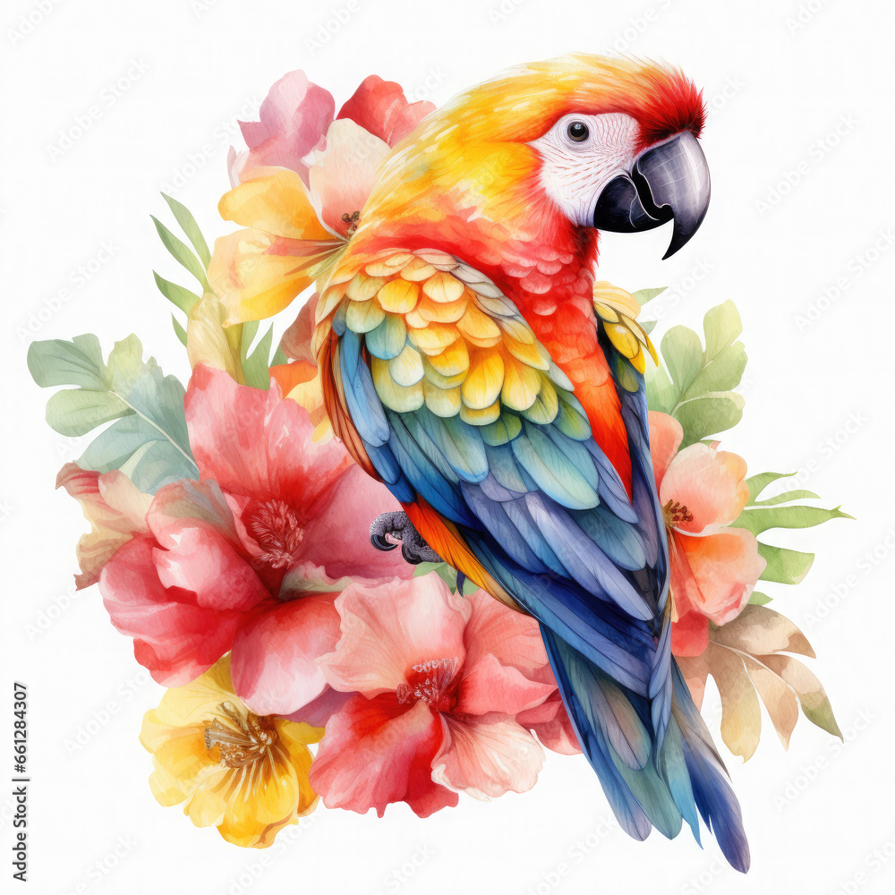 Obraz premium Parrot flower and fruit Illustration, Generative Ai