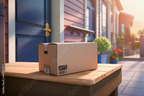 Close up of parcel or cardboard box in front of entrance house. Real estate concept delivery and purchasing. © cwa