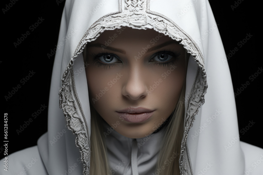 Woman wearing white robe with hood over her head. This versatile image can be used to depict mystery, spirituality, or fantasy.