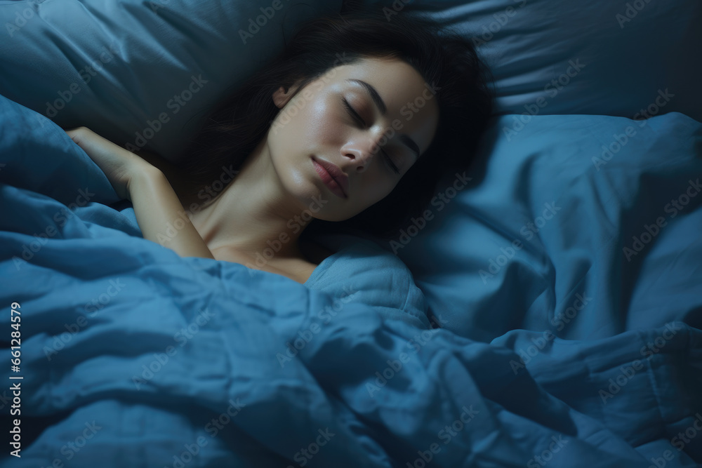 Woman laying in bed with her eyes closed. Ideal for depicting relaxation and sleep. Woman laying in bed with her eyes closed. Ideal for depicting relaxation and sleep.