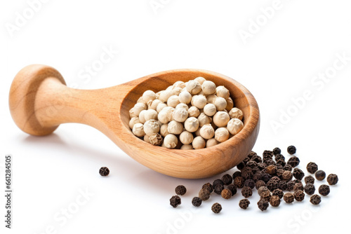 Wooden spoon filled with black pepper seeds. This versatile image can be used to add flavor and spice to various culinary and food-related concepts.