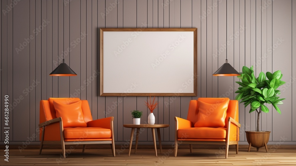 Fototapeta premium Two orange armchairs and a poster for the modern living room interior design, using wood wall panelling. A sideboard, pendant lamps, coffee tables, a window and parquet. Mockup.