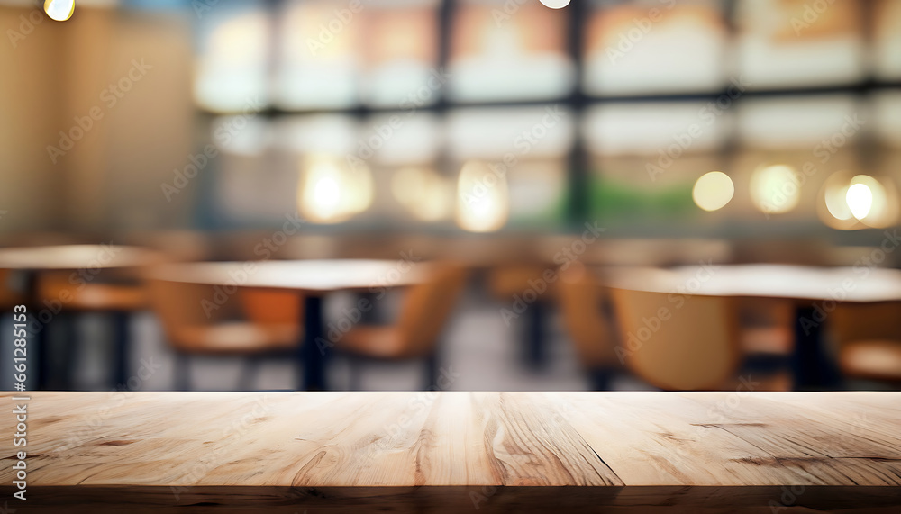 Empty top wooden table with a blurred bokeh background of coffee shop - For product display Empty top wooden table with a blurred bokeh background of coffee shop - For product display