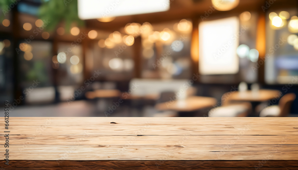 Empty top wooden table with a blurred bokeh background of coffee shop - For product display Empty top wooden table with a blurred bokeh background of coffee shop - For product display