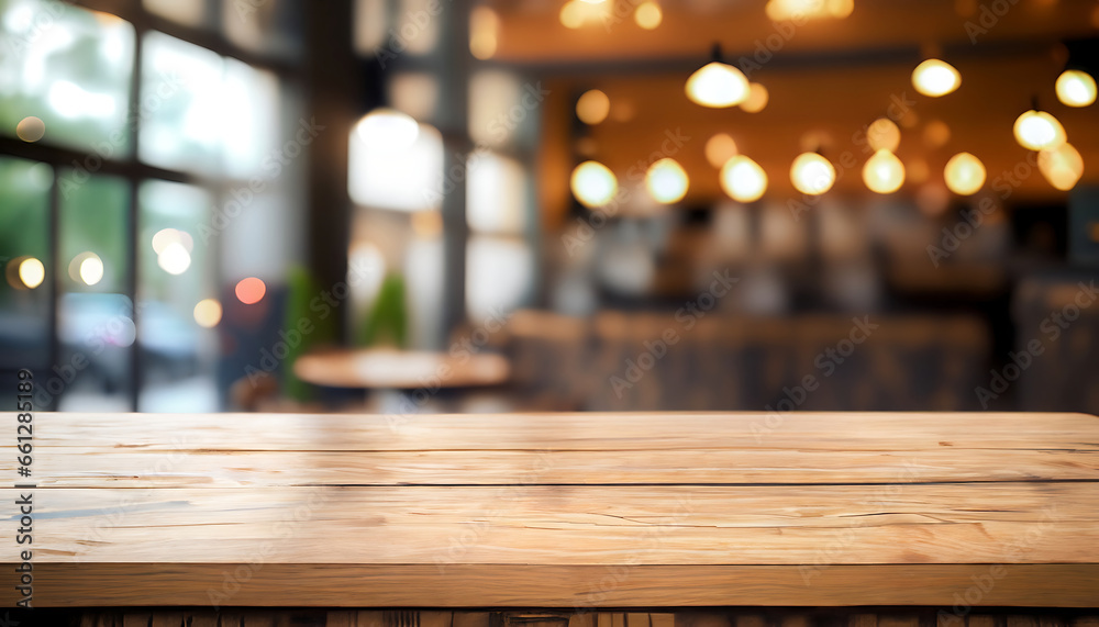 Empty top wooden table with a blurred bokeh background of coffee shop - For product display