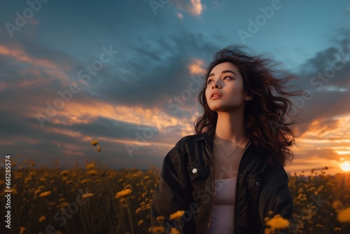 Young woman looking at sky at sunset
