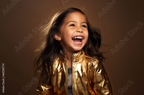 Photo of Caucasian girl in gold clothes on brown background smiling