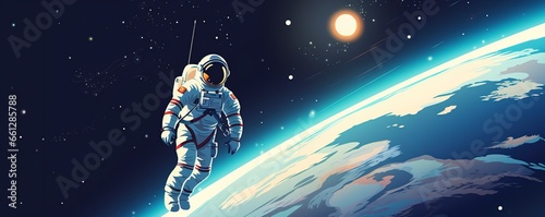 An awe-inspiring animated illustration that showcases an astronaut's view during a spacewalk in the vastness of outer space, providing a breathtaking perspective of the cosmos photo