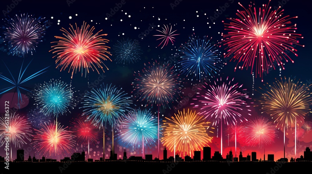 A joyous celebration illuminated by dazzling fireworks against the night sky A joyous celebration illuminated by dazzling fireworks against the night sky