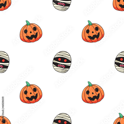 cute halloween doodle with pumpkin head and mummy head in seamless pattern on white background
