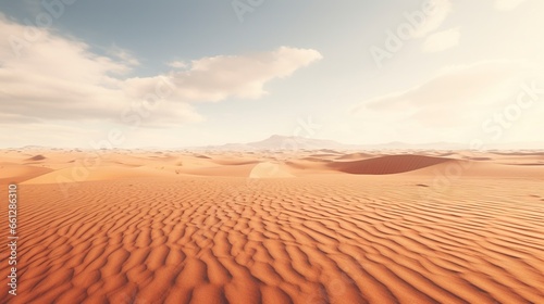 A remote desert landscape featuring vast sand dunes under a clear sky  with the sun setting in the distance  creating a stunning and tranquil scene in this arid wilderness