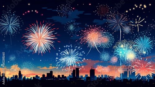 A joyous celebration illuminated by dazzling fireworks against the night sky photo