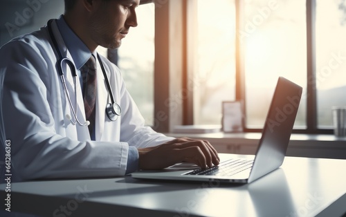 Doctor is working with laptop computer in a modern medical workspace office