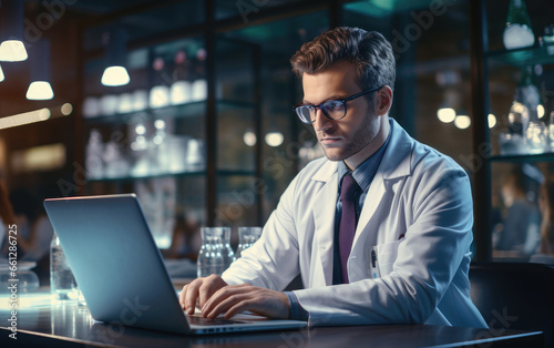 Doctor is working with laptop computer in a modern medical workspace office