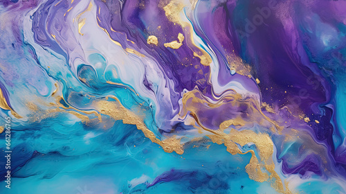 Abstract artistic background with blue and purple marble and golden paint stains.