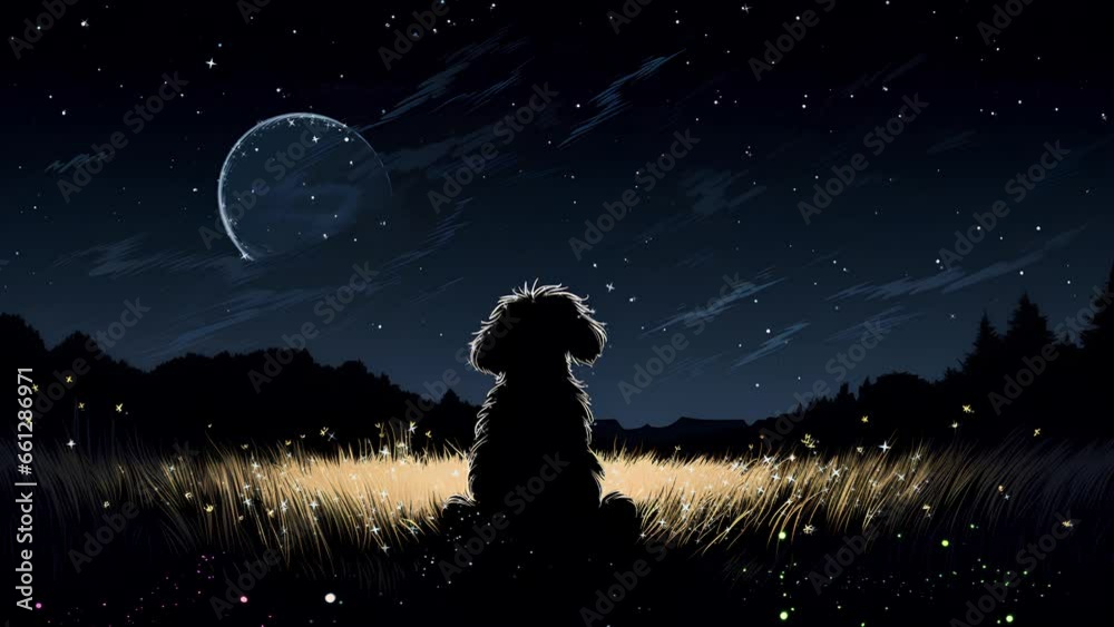silhouette of cute dog sitting at night enjoying the sky full of stars. animated cartoon style videos.