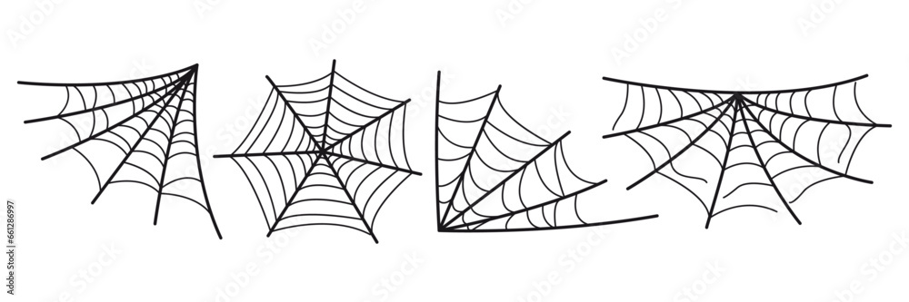 Fototapeta premium Vector Minimalist Linear Set of Spider Web Black Sketch Isolated on White Background. Spider Web Collection for Halloween Design.