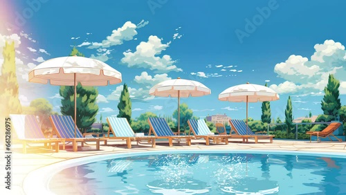 swimming pool at the hotel with relaxing seating and umbrellas for shade against the clear sky. Seamless looping animated background. photo