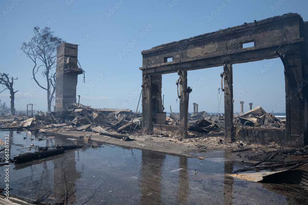 Burnt out remains of  Lahaina, Maui, Hawaii the morning after the devastating fires.  Image taken on August 9, 2023.