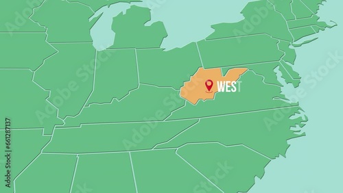 Mapa de los Estados Unidos de América con división política resaltando el estado de West Virgina photo