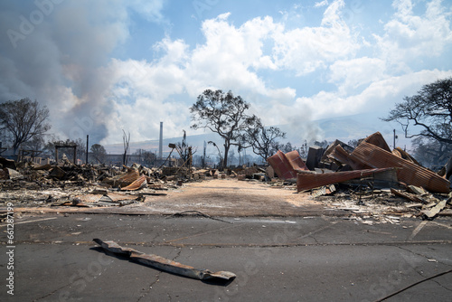 Burnt out remains of  Lahaina, Maui, Hawaii the morning after the devastating fires.  Image taken on August 9, 2023. photo