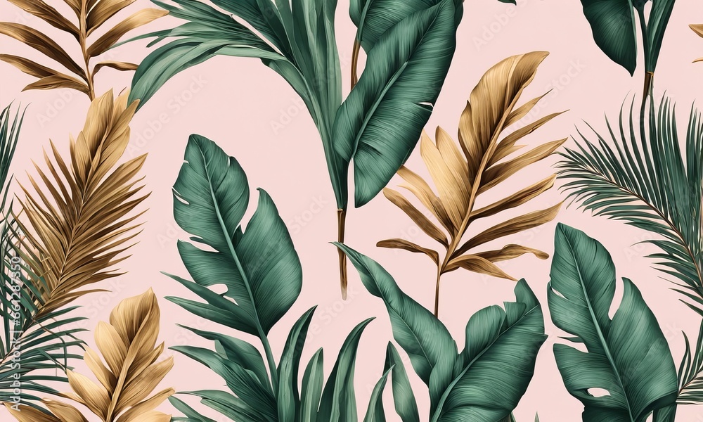 Tropical exotic seamless pattern. Beautiful textured pastel palm, banana leaves. Hand-drawn vintage 3D illustration. Glamorous abstract background design. luxury wallpapers, fabric, Generative AI