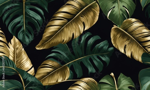 Tropical exotic seamless pattern with golden green banana leaves, palm on night dark background. Premium hand-drawn textured vintage 3D illustration. for luxury wallpapers, cloth, fabric,Generative AI
