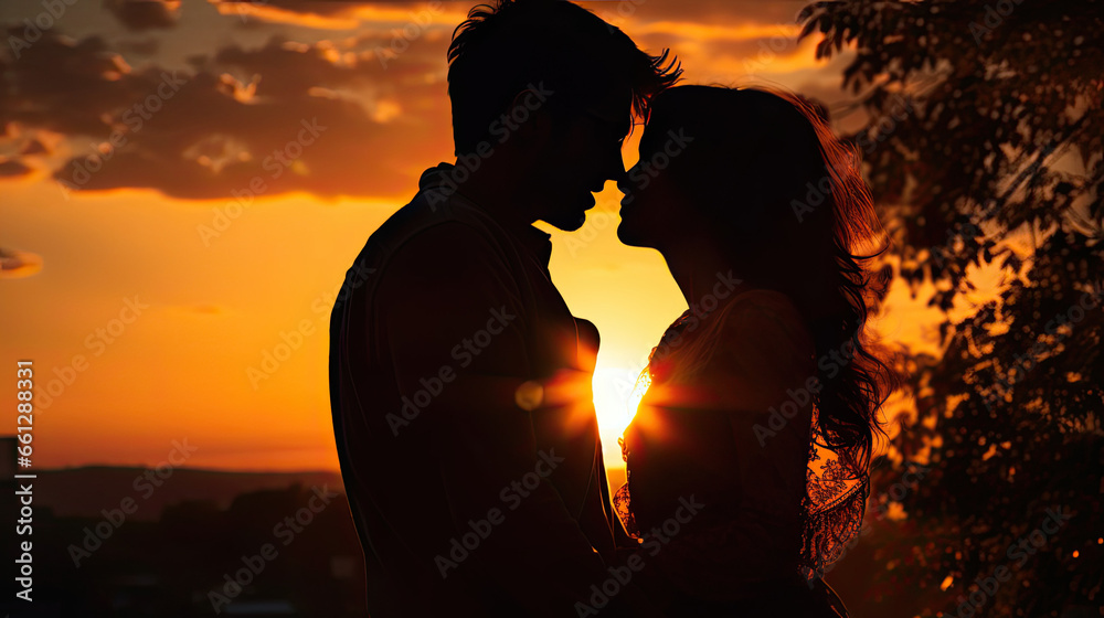 A man and woman getting intimate silhouette during sunset