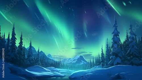 A stunning image of the magical Northern Lights (Aurora Borealis) dancing across the night sky in the Arctic wilderness, casting vibrant, colorful hues over a snowy landscape