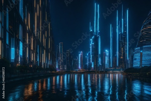 A futuristic cityscape at night with neon-lit skyscrapers.