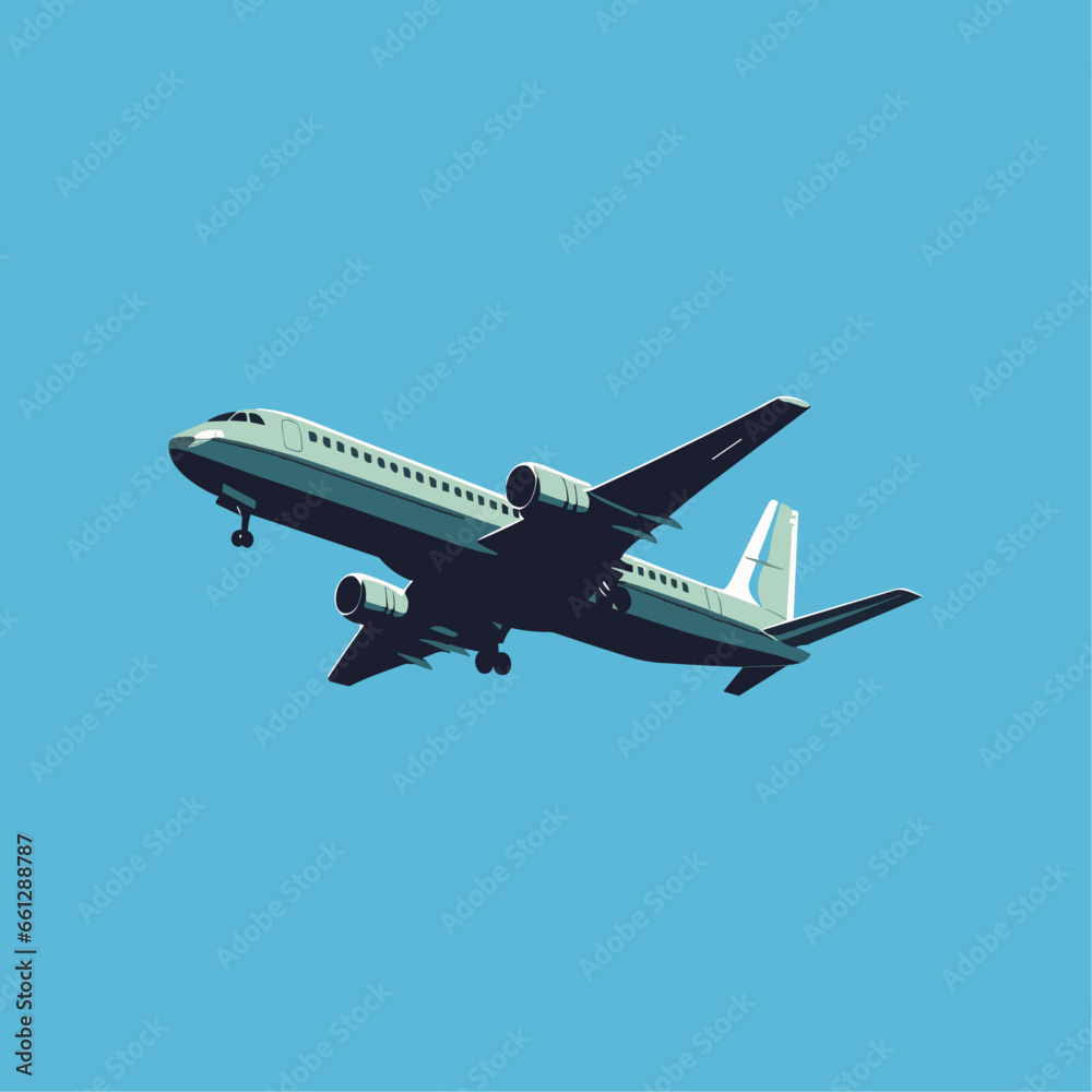 Obraz premium Retro style clipart of airplane flying, taking off, landing. Isolated vector illustration of aircraft in the sky for cargo or passenger transportation