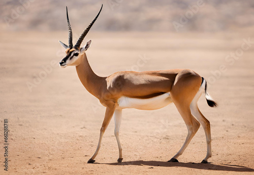 impala in the desert, Impala Grazing in the Desert Landscape, Graceful African Impala in Arid Wilderness Setting