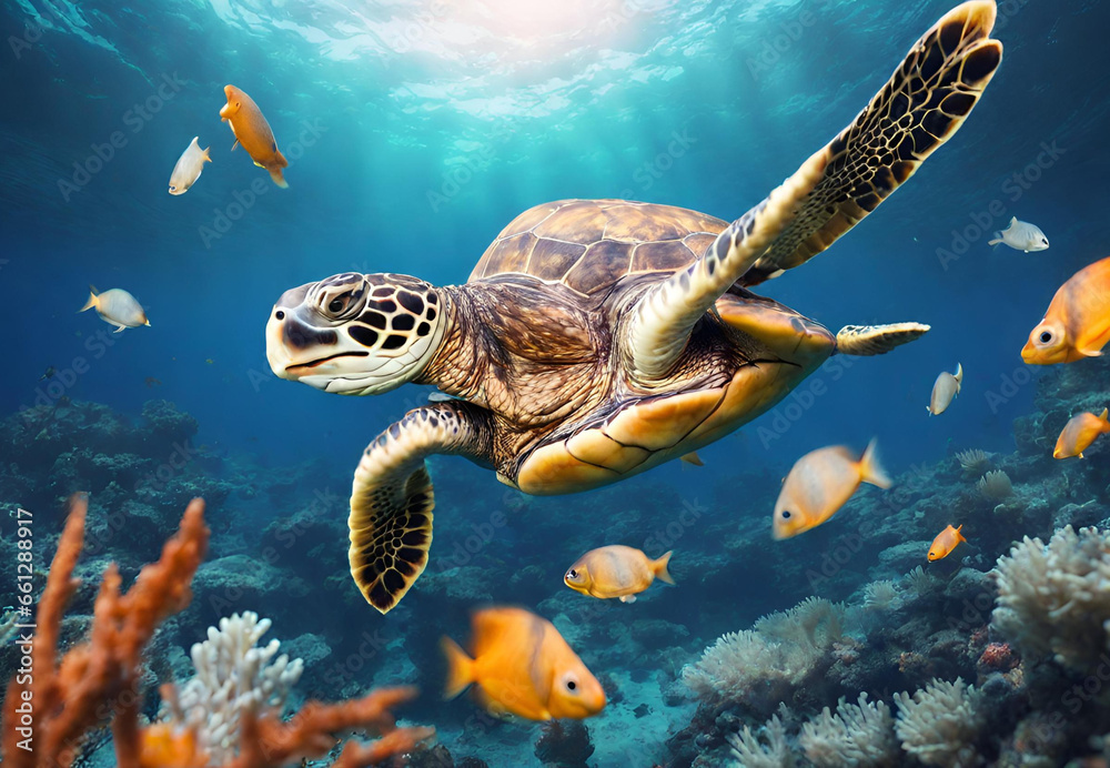 Obraz premium green sea turtle swimming underwater, Graceful Green Sea Turtle Gliding Through Ocean Depths