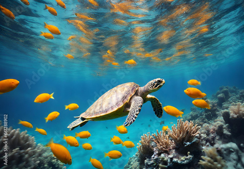 green sea turtle swimming underwater, Graceful Green Sea Turtle Gliding Through Ocean Depths © nazir ahmad