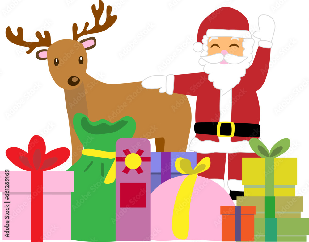 Naklejka premium プレゼントを配るサンタクロースとトナカイ