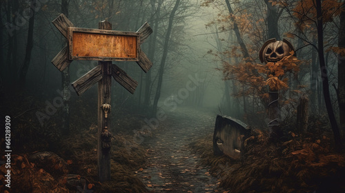 Signboard at the enty of dark fairytale village in Halloween style. photo