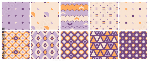 Geometric seamless patterns collection in retro style. Simple shapes and forms in ordered composition. Vector illustration in purple, beige and yellow vintage colors.
