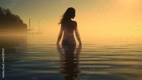Woman in Yoga Full Body Backlit Pose in the breath taking Ocean. Generative AI image weber. © Summit Art Creations