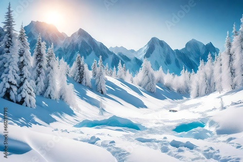 A card with a snowy mountain landscape. © shahzad