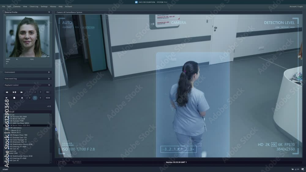 Playback CCTV cameras in modern clinic on PC screen. User interface of surveillance system program and AI face recognition. Security cameras footage. Medical staff and patients in hospital hallway.
