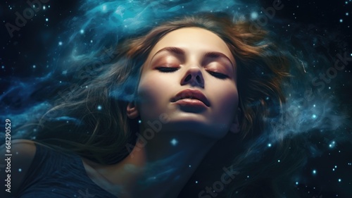 Close up portrait woman sleeping, floating outerspace with star nebula galaxy. Generative AI image weber. © Summit Art Creations