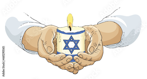 Israel flag on a candle held by hands.
