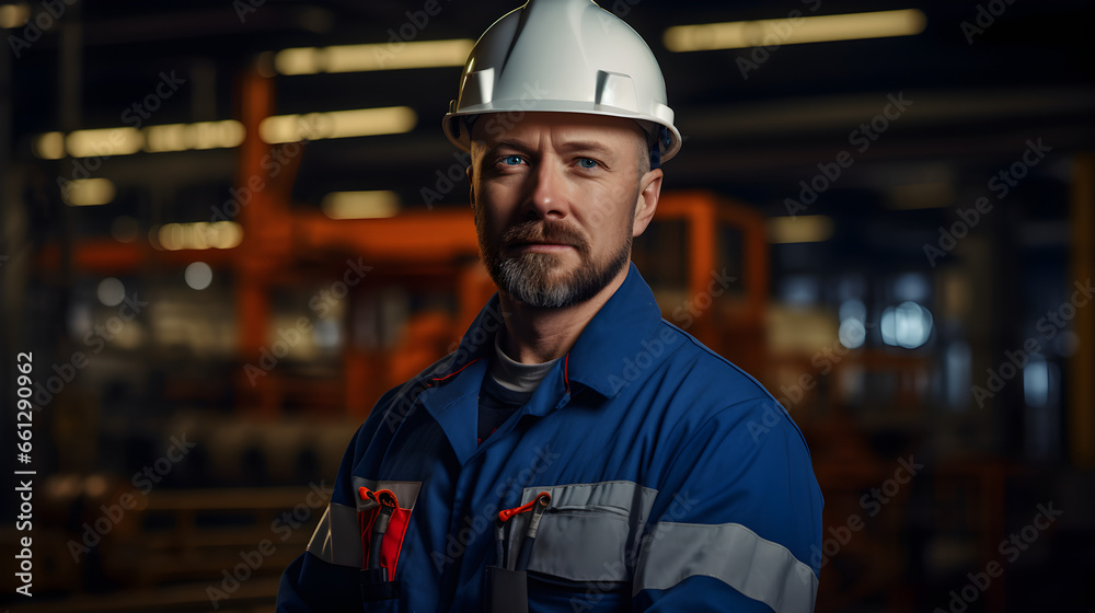 Industry maintenance engineer, a man in a crisp uniform and a safety hard hat, positioned at a factory station. Generative AI Industry maintenance engineer, a man in a crisp uniform and a safety hard hat, positioned at a factory station. Generative AI