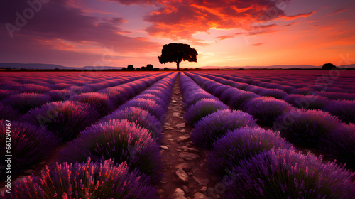 Stunning landscape with lavender field with stunning sunset on background, lavender wallpaper © Planetz