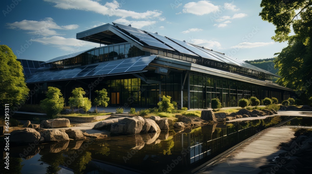 Green office building in a modern metropolis. Glass building with green tree branches and leaves to reduce carbon dioxide. Concept Green office building in a modern metropolis. Glass building with green tree branches and leaves to reduce carbon dioxide. Concept