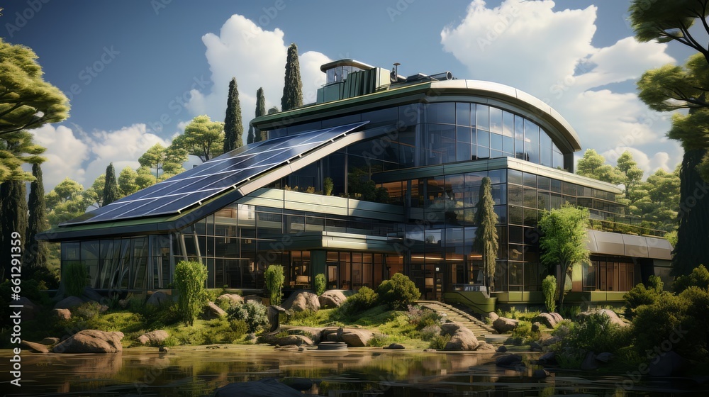 Fototapeta premium Green office building in a modern metropolis. Glass building with green tree branches and leaves to reduce carbon dioxide. Concept