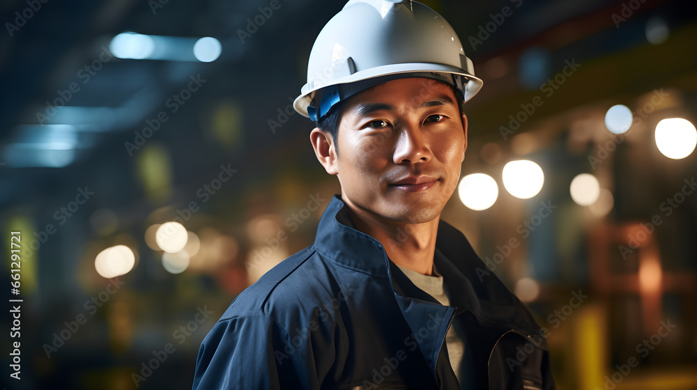 Industry maintenance engineer, a man in a crisp uniform and a safety hard hat, positioned at a factory station. Generative AI