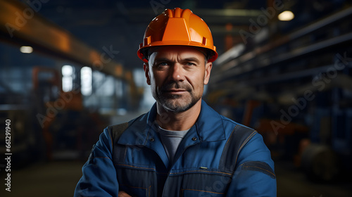 Industry maintenance engineer, a man in a crisp uniform and a safety hard hat, positioned at a factory station. Generative AI
