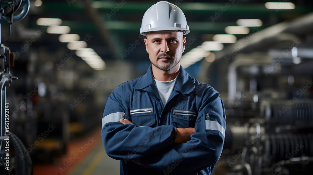 Industry maintenance engineer, a man in a crisp uniform and a safety hard hat, positioned at a factory station. Generative AI