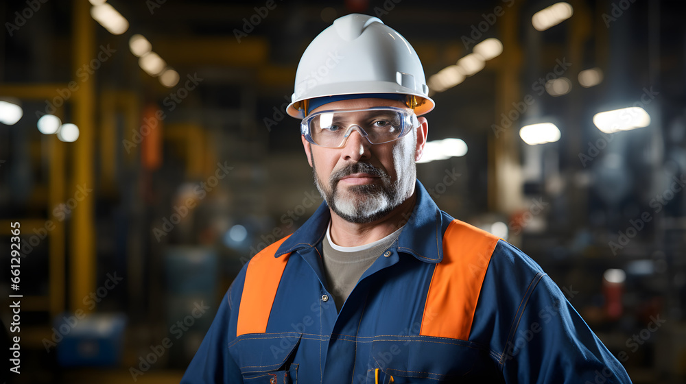 Industry maintenance engineer, a man in a crisp uniform and a safety hard hat, positioned at a factory station. Generative AI